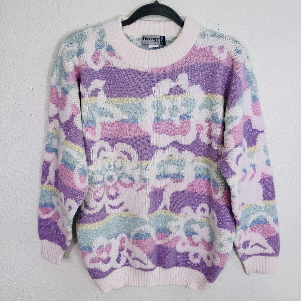 Vintage Pastel Sweater Womens Medium Floral Shimmer Cottagecore Fairy Kai 90s